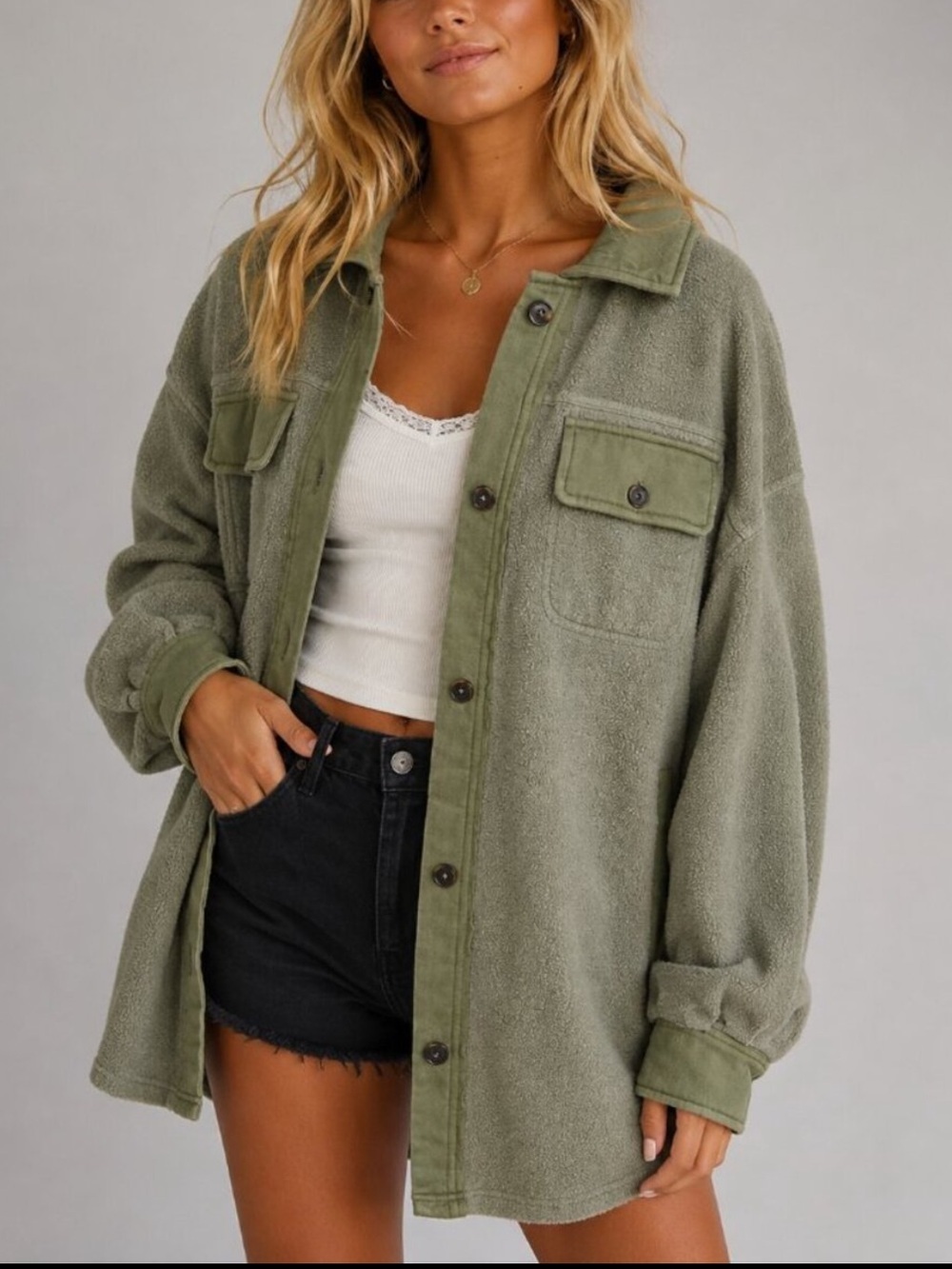 Free People Muted Green Ruby Button-Up Shirt Jacket Size XS 54829